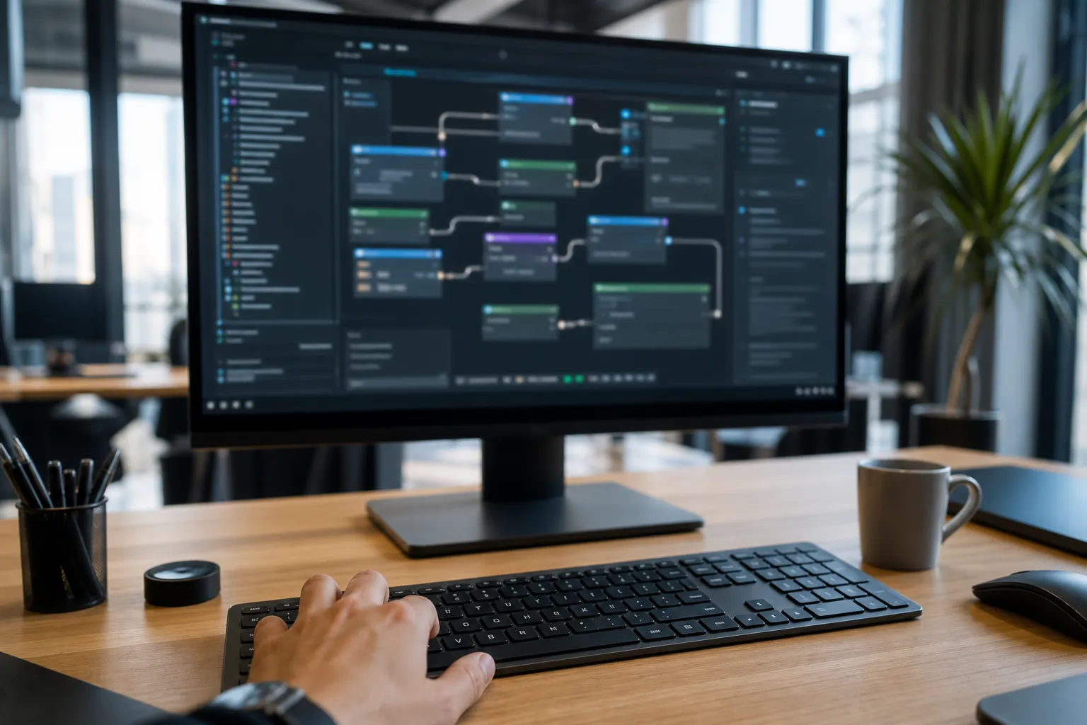 Poste de travail avec écran affichant plusieurs outils logiciels interconnectés