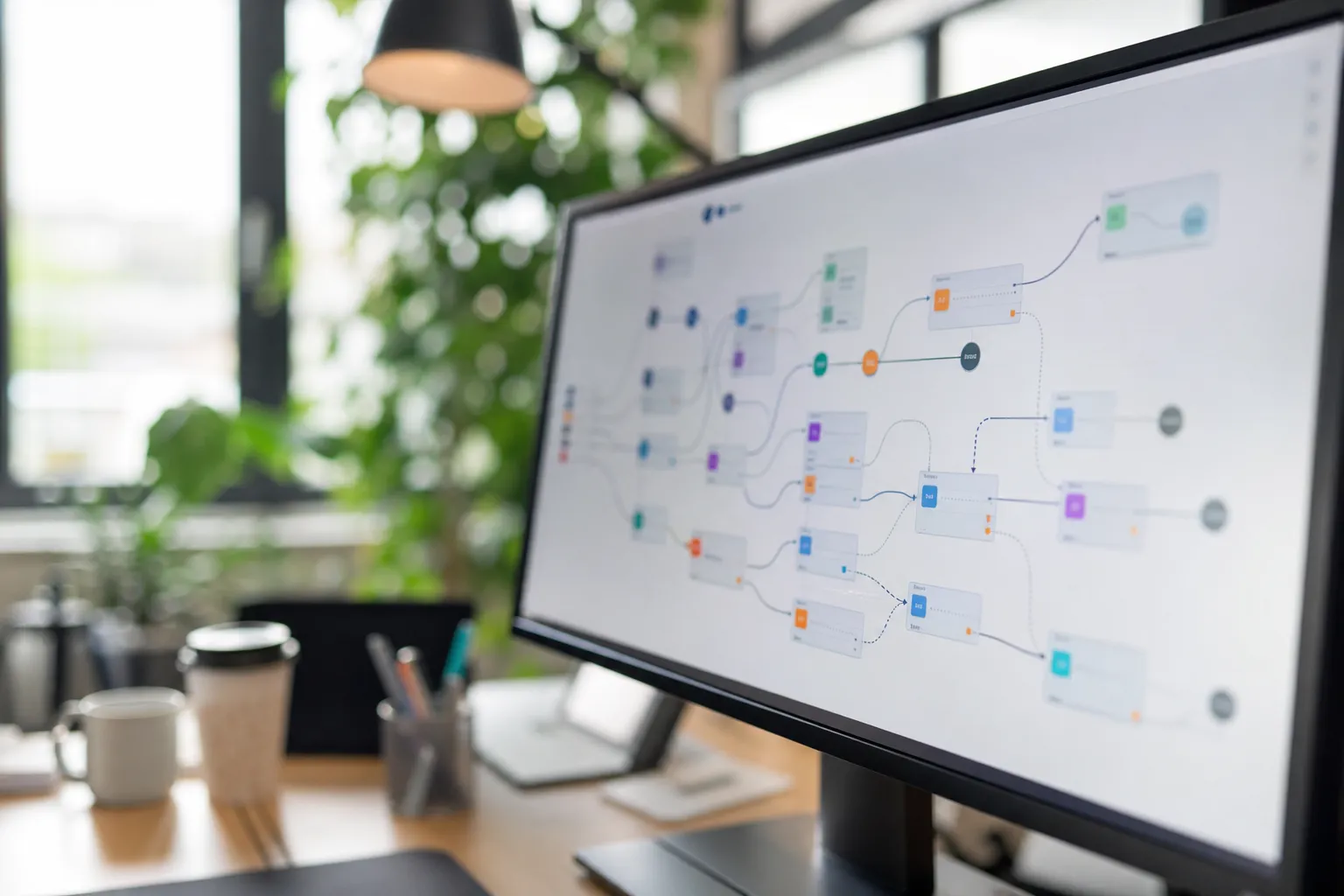 Écran affichant un diagramme de flux d’automatisation aux nœuds colorés reliés par des lignes