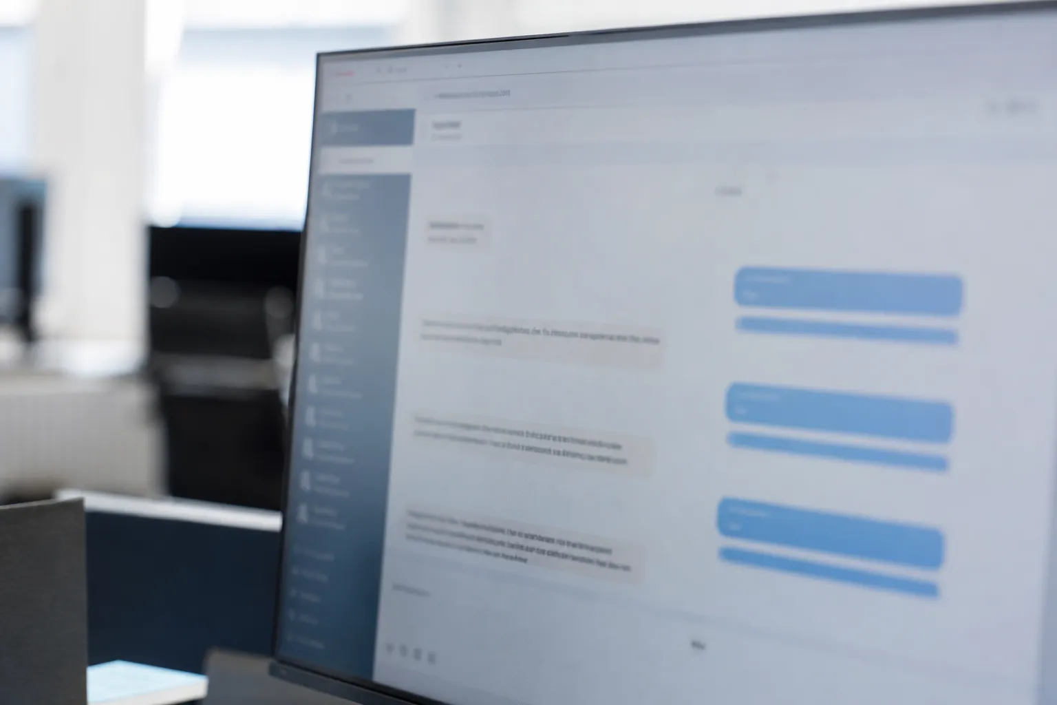 Écran affichant une interface de chatbot professionnel en conversation avec un client