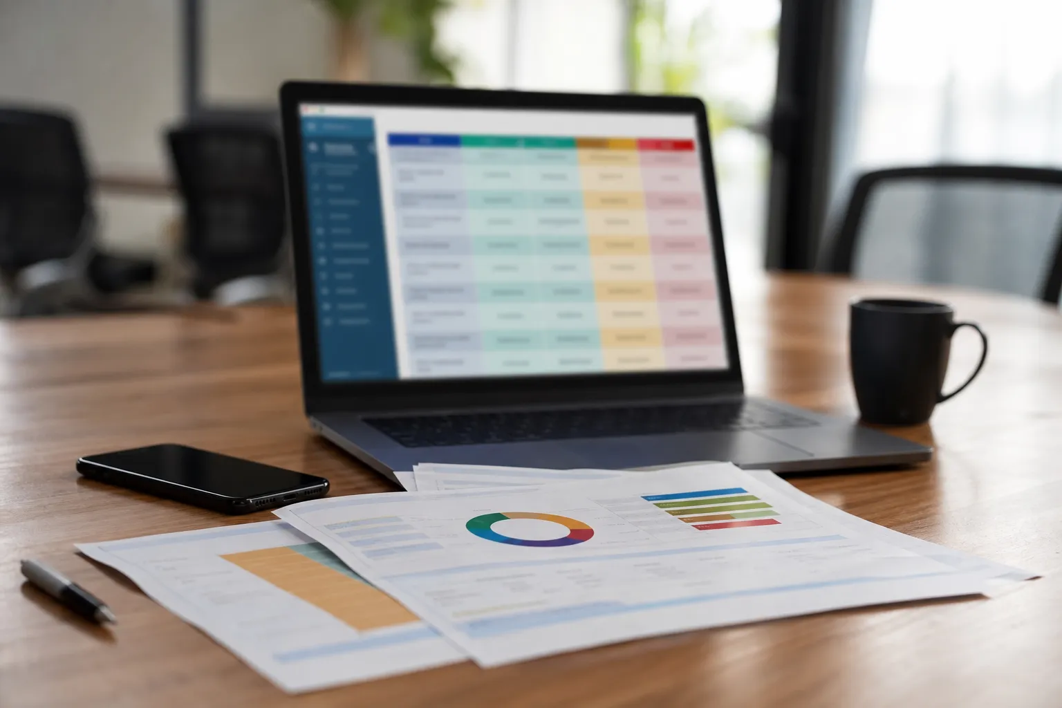 Table de réunion avec un ordinateur portable affichant un tableau de priorisation de cas d’usage